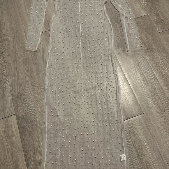 Sexy Sheer White Pearl Rhinestone Party Photo Maxi Dress Sz L - Picture 1 of 15